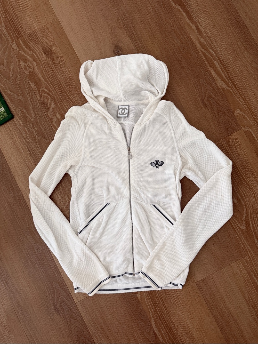 Vintage CHANEL Sports Tennis White Hooded Zip Jacket with Navy Trim